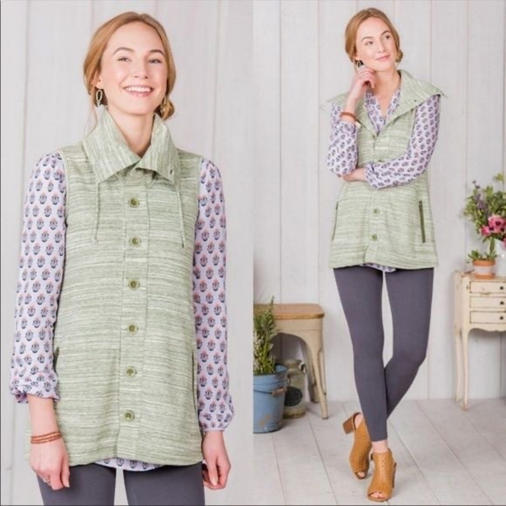 Matilda Jane Button Front Vest Womens Small Green Space Dye Knit Zip Pocket